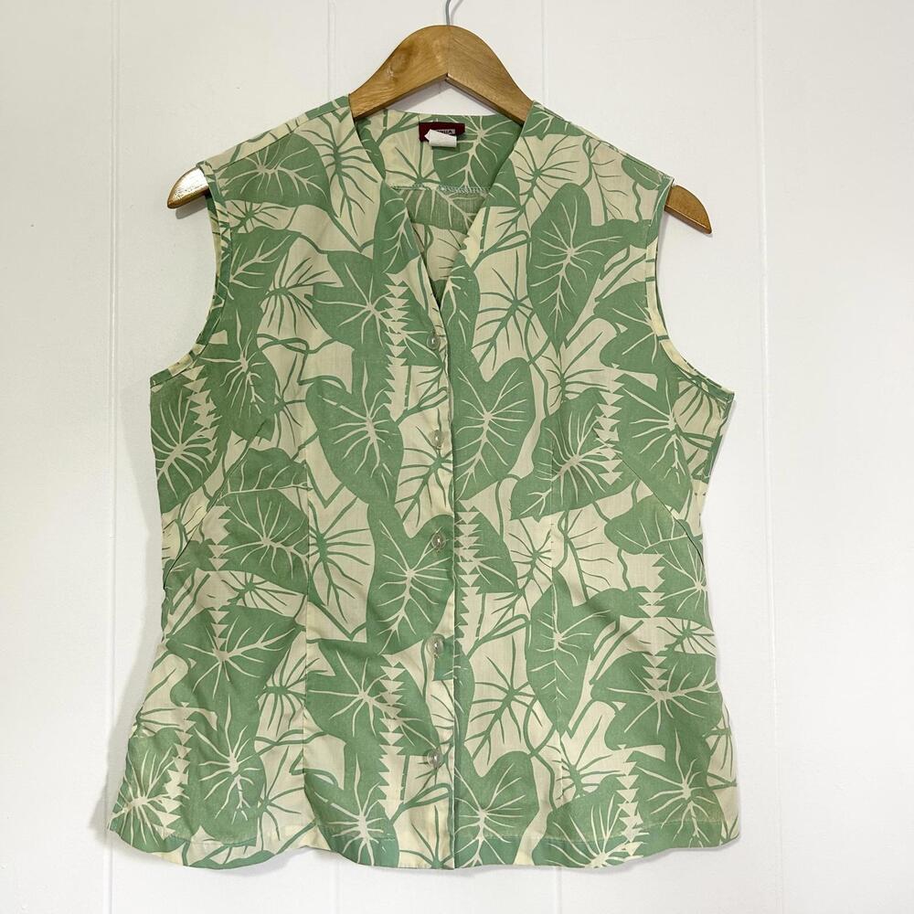 Honua Green Kalo Hawaiian Print Sleeveless Button Up Blouse Top Women's Large